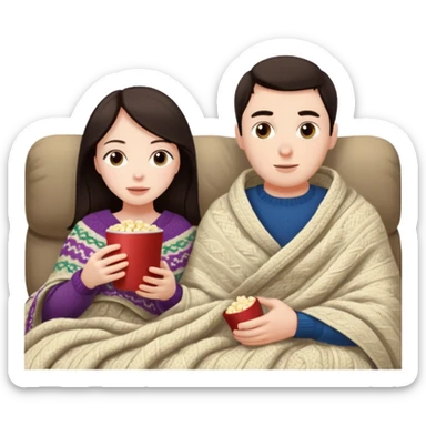 woman with dark hair with her husband at home near chimney watching movie under blanket cozy vibe sticker