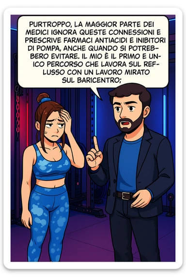 TRASFORMA QUESTO CAROSELLO IN UN FUMETTO STILE WEBTOON/MANGA A COLORI CON QUESTE DUE PERSONE IDENTICHE CHE INTERLOQUISCONO TRA LORO, L'uomo sta spiegando alla donna questo concetto MENTRE LA DONNA SI TIENE la mano sulla fronte sconcertata:

LUI (UOMO): Purtroppo, la maggior parte dei medici ignora queste connessioni e prescrive farmaci antiacidi e inibitori di pompa, anche quando si potrebbero evitare.
Il mio è il primo e unico percorso che lavora sul reflusso con un lavoro mirato sul baricentro; sticker
