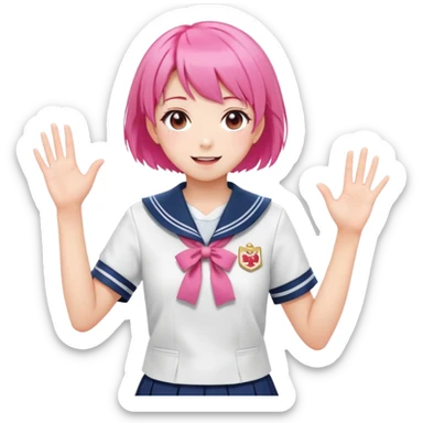 Anime girl with short bright pink hair wearing Japanese sailor style school uniform, composed posture with hand on hip but energetically waving with other hand, excited smile and happy eyes sticker