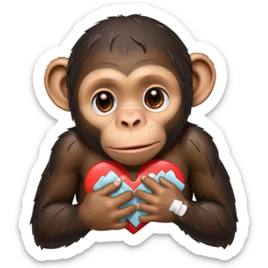sad cartoon chimpanzee with tears, placing bandaids on a broken heart sticker