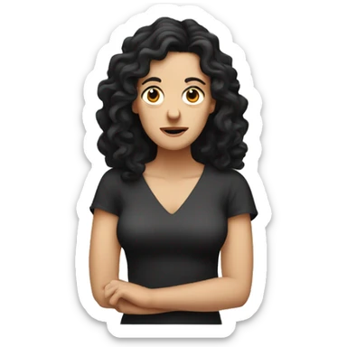white woman, long curly black hair, shrugging hands incensed sticker