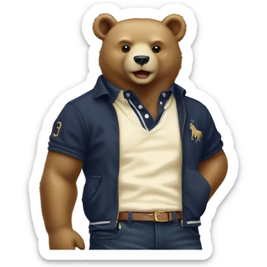 Polo Ralph Lauren bear, preppy old money style, cream colors and navy sticker