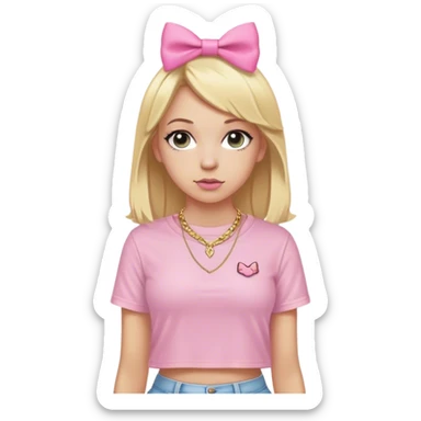 White girl with blonde hair and a pink bow wearing a nice street wear outfit (form fitting skims shirt with a dainty gold necklace) sticker