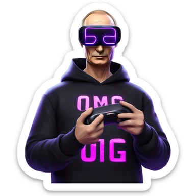Vladimir Putin wearing a black hoodie with "OMG" letters on it and VR headset oculus quest 2 in a cyberpunk VR environment with violet neon lighting. sticker