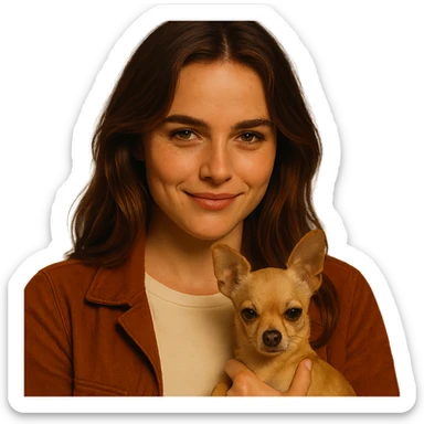 Centered portrait for Instagram profile picture inspired by the facial features visible in the reference images, with a tanned complexion, subtle freckles, shirt color #FFF8CA, rust-colored jacket, medium-length brown hair with auburn highlights, mischievous and knowing expression, holding a beige-brown chihuahua, Netflix series style, transparent background, intimate Tenerife ambiance. sticker