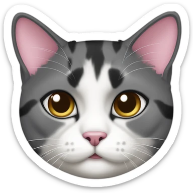 senior fat diluted calico cat, white chin, black and pink nose, grey ears, grey and white sticker