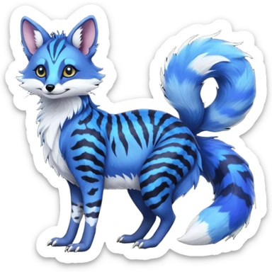 Feral chubby floofy fluffy cute soft silky furry Rare Fantasy vibrant dark shady shaded detailed deep-dark-cobalt-blue-gradients-colored colorful Vernid-Sergal-Genet-Trico-Fox-species by LiLaiRa, with dark-blackish points, white belly, random markings, tufted tail, tufted ears, full body sticker
