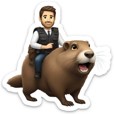 Confident armored White Man with dark brown hair and a short beard riding on the back of a giant groundhog wearing a birthday hat sticker
