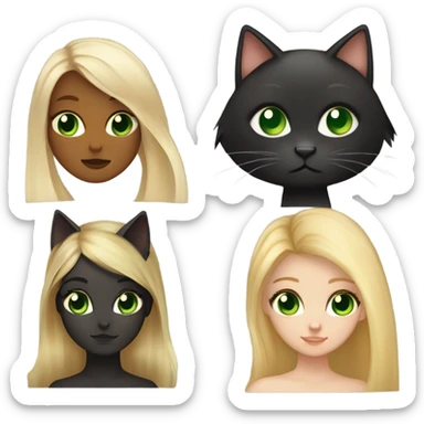A girl with light green eyes, long blonde hair with brown roots, a black cat with green eyes on lying on her right shoulder, and a tortoiseshell cat on her left shoulder sticker