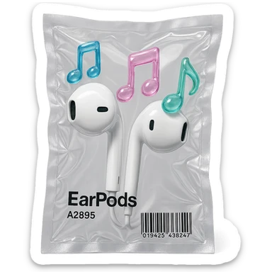 pair of white EarPods with three floating glass music notes in pastel blue, pink, and mint, glossy and inflated sticker