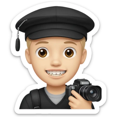 schoolboy with big front teeth wearing a black cap holding a camera in his hand sticker