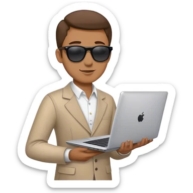 Create an emoji of a male teacher wearing sunglasses and holding a laptop. The character should have a friendly and approachable expression, with a modern, stylish appearance. The outfit should be casual yet professional, and the laptop should look sleek and simple. The design should have clean lines and a minimalistic style, conveying a cool and tech-savvy vibe. sticker