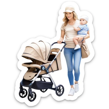 A mom with a brown stroller, a coffee cup attached to it. Inside, a 6-month-old baby boy with light brown hair and blue eyes. The mom is wearing a beige T-shirt and a matching beige cap. The baby is dressed in white sneakers, a white and blue striped T-shirt, and jeans sticker