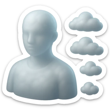 person looking straight, fully made of white fluffy convex clouds, shoulders, matte glass style sticker