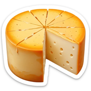 whole reblochon cheese round soft washed rind orange-beige mottled velvety wedge cut creamy pale yellow inside gooey near rind no board knife or garnish soft lighting emoji scale sticker