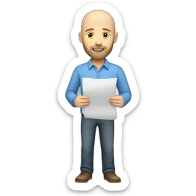 caucasian male with small beard and almost bald smart casual blue shirt holding papers sticker