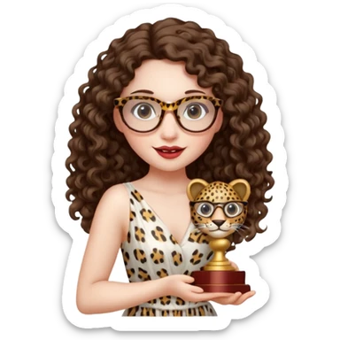 A girl with white pale skin,  full lips, brunette LONG curly hair. She is wearing a white  silk dress. She is holding an award and happy. She has a leopard print round-ish shaped glasses.  sticker
