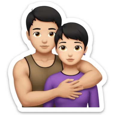 buff Asian Man black hair hugging girl with black pixie cut  sticker