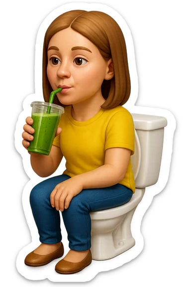 emoji stile iphone di una donna seduta sul wc che beve uno smoothies verde, iperrealistico 4k sticker