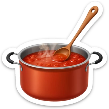 Big cauldron of tomato sauce being cooked in a tall stainless steel pot with a massive wooden spoon   sticker