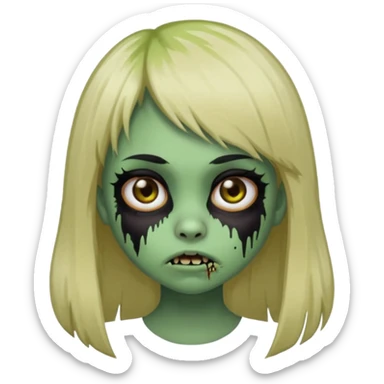 Girl with black hair and raccoon blonde streaks, bangs, light skin, zombie version, pale green skin, emoji style. sticker