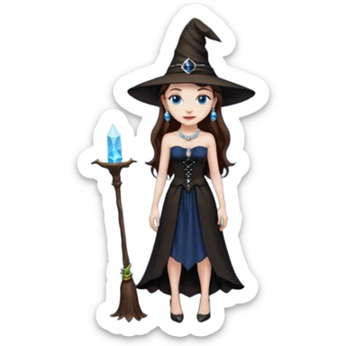 woman brunette, very large breasts, pale skin, blue eyes, long brown hair, black strapless dress, witch hat, pearl earrings, smirking, in black heels, standing, head to toe, full body, zoomed out, entire outfit visible sticker
