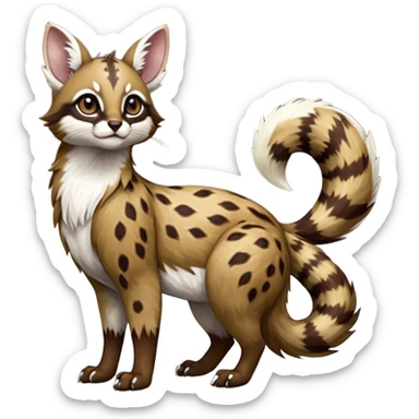 Colorful dark realistic chocolate-brown tropical beige fur glorious divine exotic cute cool beautiful shiny beautiful fantasy-Furret-Eevee-caracal-civet-genet-sergal-vernid-Cacomistle-oncilla-animal-Fakémon-hybrid-fursona with white deer-spots pattern markings (full body) sticker