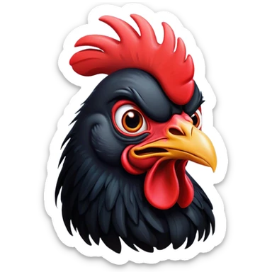 Cinematic Comical Black Rooster Portrait Emoji, Head tilted dramatically with an exaggeratedly shocked or amused expression, featuring a striking pure black plumage with a bold red comb, wide, expressive eyes filled with playful disbelief, Simplified yet hilariously expressive features, highly detailed, glowing with a slightly sassy glow, high shine, dramatic yet playful, stylized with an air of cheeky mischief, bright and endearing, soft glowing outline, capturing the essence of a spirited and over-the-top rooster, so meme-worthy it feels like it could crow its way into internet fame instantly! sticker
