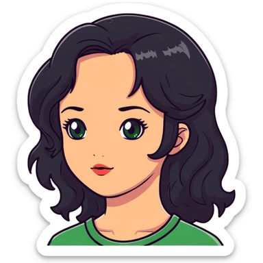 girl with green eyes, white skin, wavy black hair, red hair at the back of her neck sticker