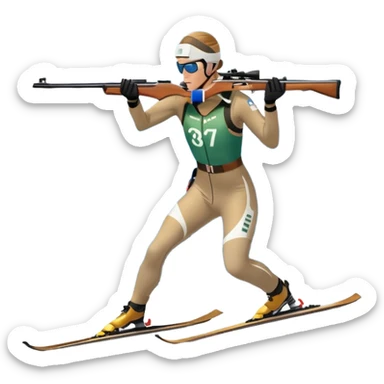 An icon featuring snow-covered trees, distant mountains, and a clear blue sky with a biathlete in motion, holding a rifle and skiing across a snowy course. Transparent background highlights the precision, endurance, and excitement of biathlon. sticker