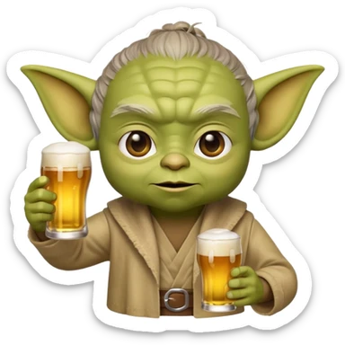 3D emoji-style Yoda head holding a beer glass in one hand. Smooth rounded shapes, soft gradients, friendly expression. Golden beer with foam in transparent glass. Close-up, centered. PNG, transparent background. sticker