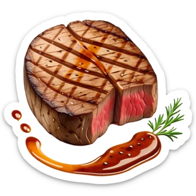 Cinematic thick-cut scotch fillet steak, perfectly seared with grill marks, a grilled center, rich and savory, warm glow, sizzling and mouthwatering, highly detailed and appetizing. sticker