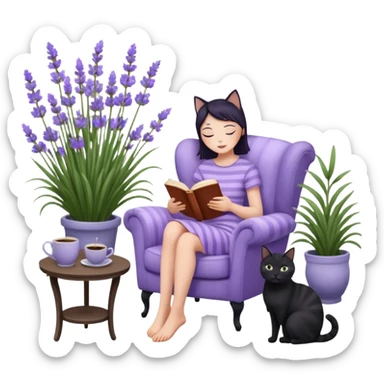 moji illustration, full body woman reading a book on a cozy armchair in a lavender garden, two separate cats next to her (one solid black cat, one brown tabby cat with stripes), small side table with coffee mug, soft peaceful vibe sticker