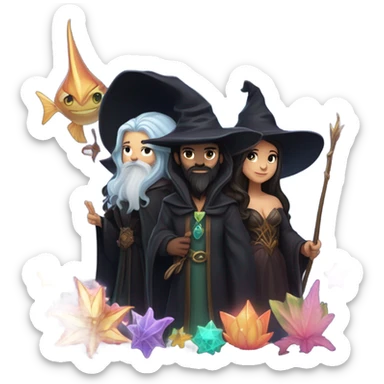 A group of 5 friends, consisting of a female witch, a female wizard, a male merman, a female fairy, and a female siren sticker