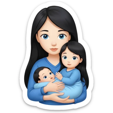 Beautiful Asian girl with long black hair holding baby boy with blue eyes in her arms sticker