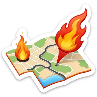 A map location pin marker on fire with flames coming out the top sticker