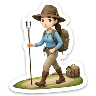 White women, long dark brown hair in ponytail with wide brim hiking hat. Walking with backpack and trekking poles.  She is a pilgrim on the Camino Frances on her way to Santiago de Compostela sticker