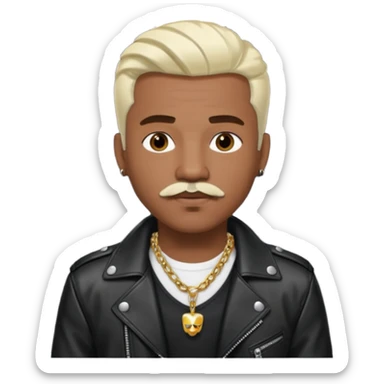 Sisqo, medium dark skin, brown eyes, platinum blonde hair and mustache, black leather jacket with chest and necklace sticker