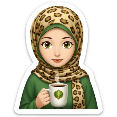 Turkish beautiful finish Konya girl green brown eyes with beige and light yellow leopard hijab islamic dress and had on her hand Turkish coffee sticker