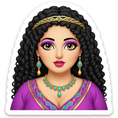 big plus size, arab, long black curly hair, arab clothes, baddie,pretty, makeup, lipgloss, black eyeliner, colorful, bridal sticker