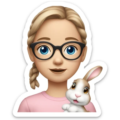 9 year old girl. Blue eyes. Rosy cheeks. Light brown medium length hair. Fair skin. Blue eyes. Glasses. Freckles on nose. Light pink lips. Holding white bunny sticker