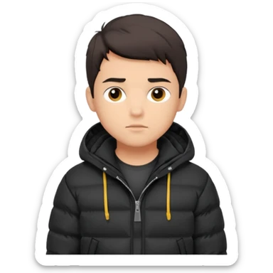 Style anchor + Young adult male American, medium skin, short dark hair, black puffer jacket over hoodie, neutral focused. sticker