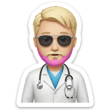 White tesla model 3 and one cool physician with blond hair, beard, stetoscope and dark sunglasses next to it sticker