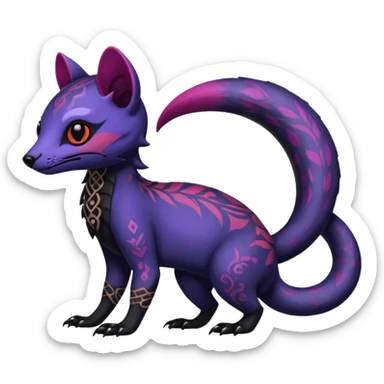 Rare warm-colored exotic gloomy tropical edgy cute epic aesthetic spooky indigo violet purple black red gothic colorful Salandit-Civet-species-Fakemon-hybrid-creature, with tribal tattoo markings, full body sticker