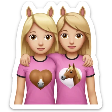 Two Girls with their arms around each other at summer camp one blonde one brown hair brown hair wearing pink horse shirt sticker