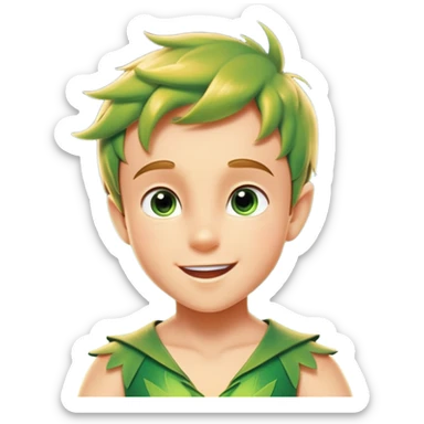 cinematic-realistic-peter-pan-portrait, head tilted dramatically with an exaggeratedly amused expression and sparkling eyes brimming with playful mischief, his iconic outfit rendered in vivid detail with dynamic shadows, soaring through the air accompanied by a glowing Tinker Bell, whose delicate wings leave a trail of shimmering pixie dust across a whimsical sky. sticker