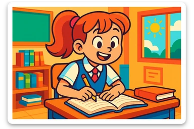 school girl in uniform studying, vibrant classroom background, expressive, modern cartoon style sticker
