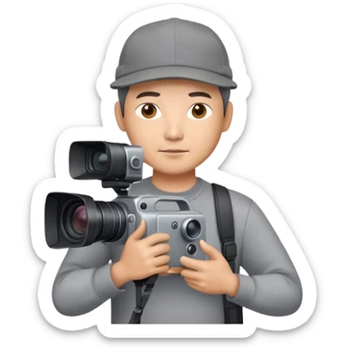 Chinese middle age male film producer in grey shirt with grey cap and professional camera sticker