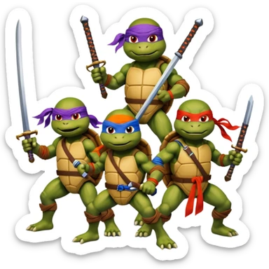 Vector emoji sticker of 4 Ninja Turtles: Leo (blue/swords), Raph (red/sais), Donnie (purple/staff), and Mikey (orange/nunchucks). Action poses, NYC rooftop, pizza box, bold comic style, white border. ONLY 4! sticker