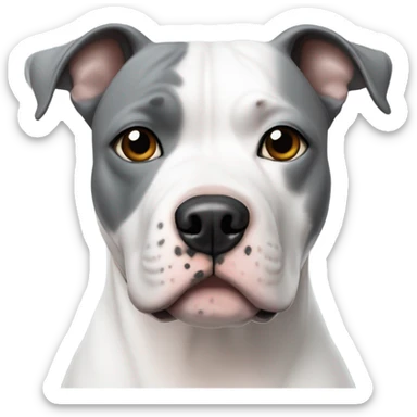 White staffordshire terrier with grey patch on left ear and right eye sticker